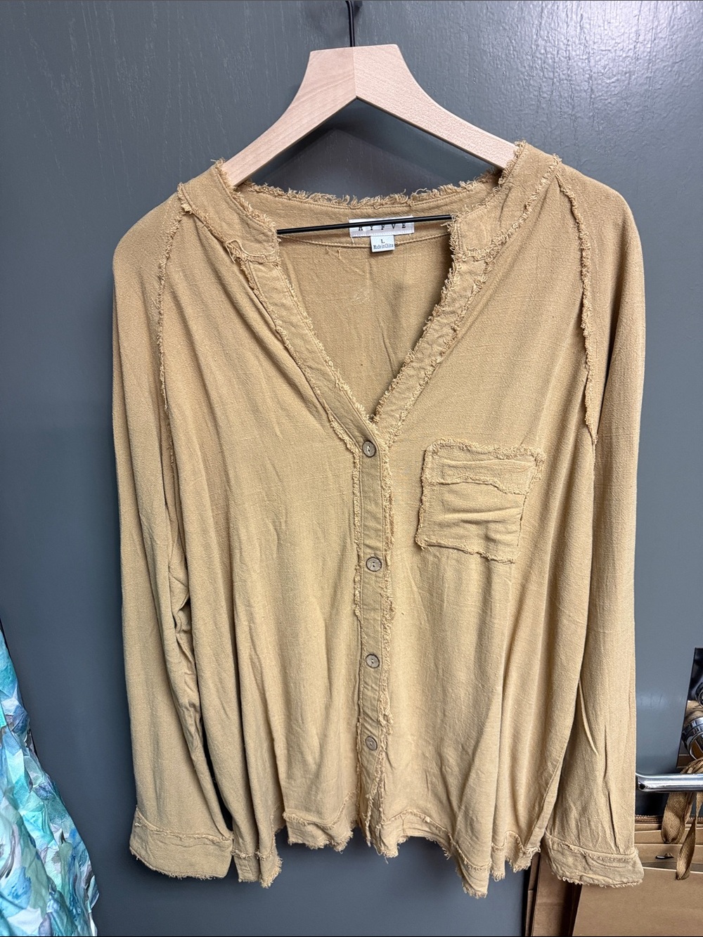 Frayed Edge Button-Front Women’s Top in Mustard